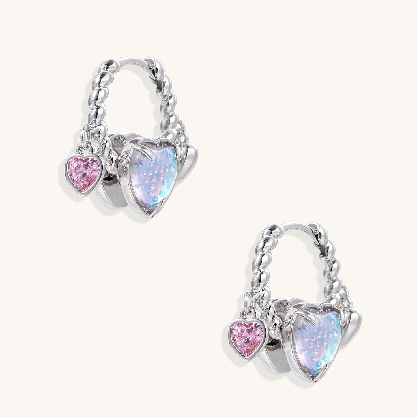 Opal Heart Charm Chain Hoops