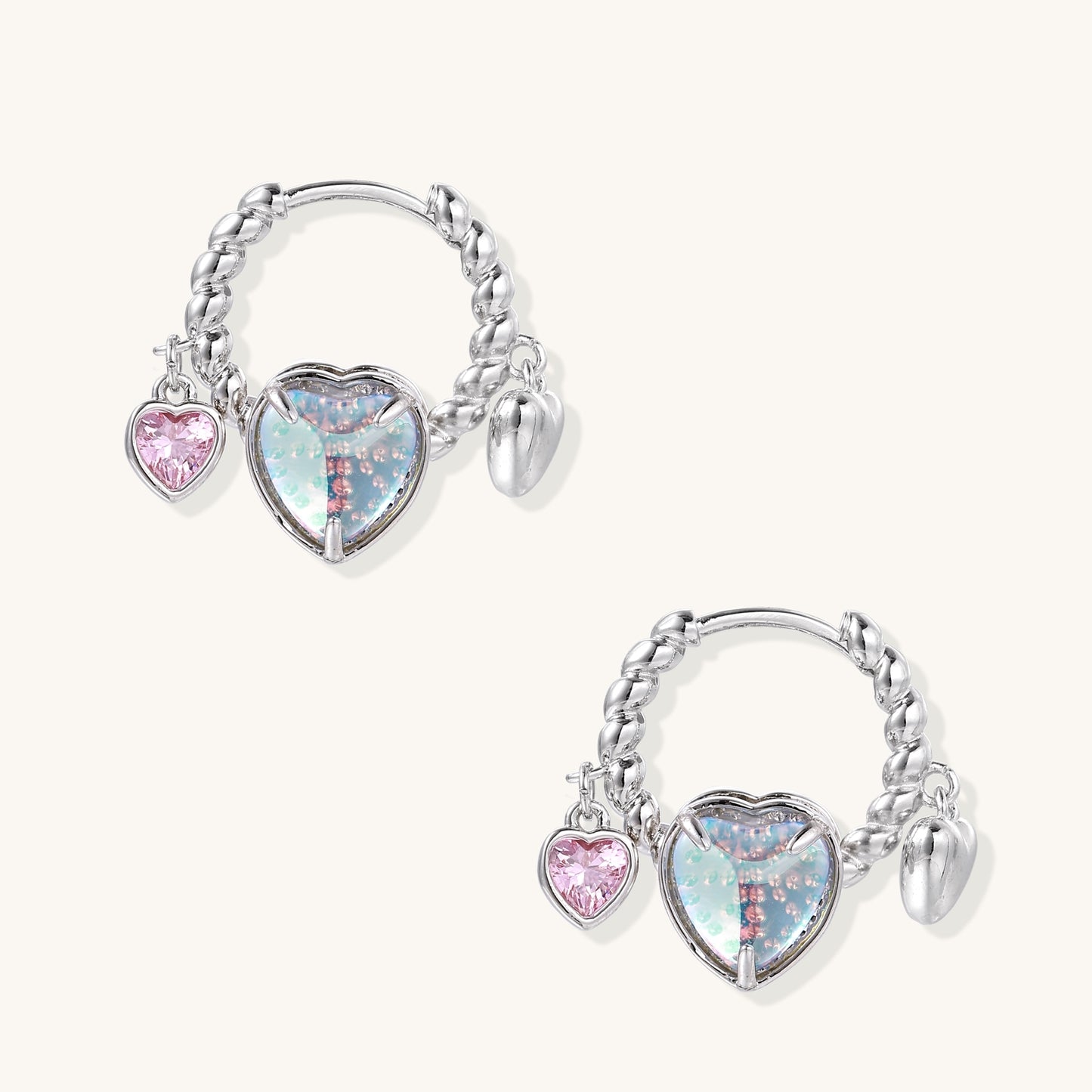 Opal Heart Charm Chain Hoops