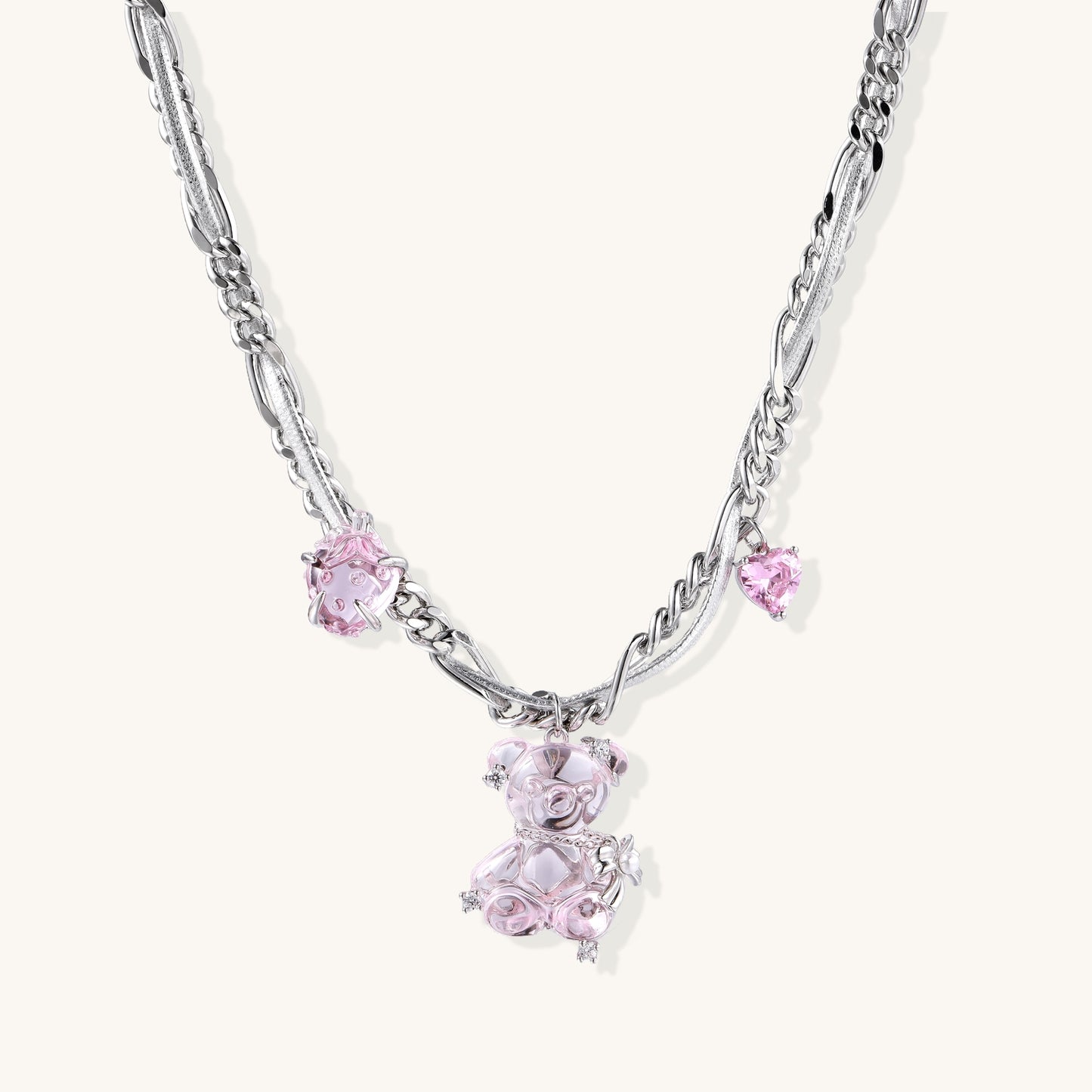 Chain Figaro Pendant Necklace with Pink Stone Charms