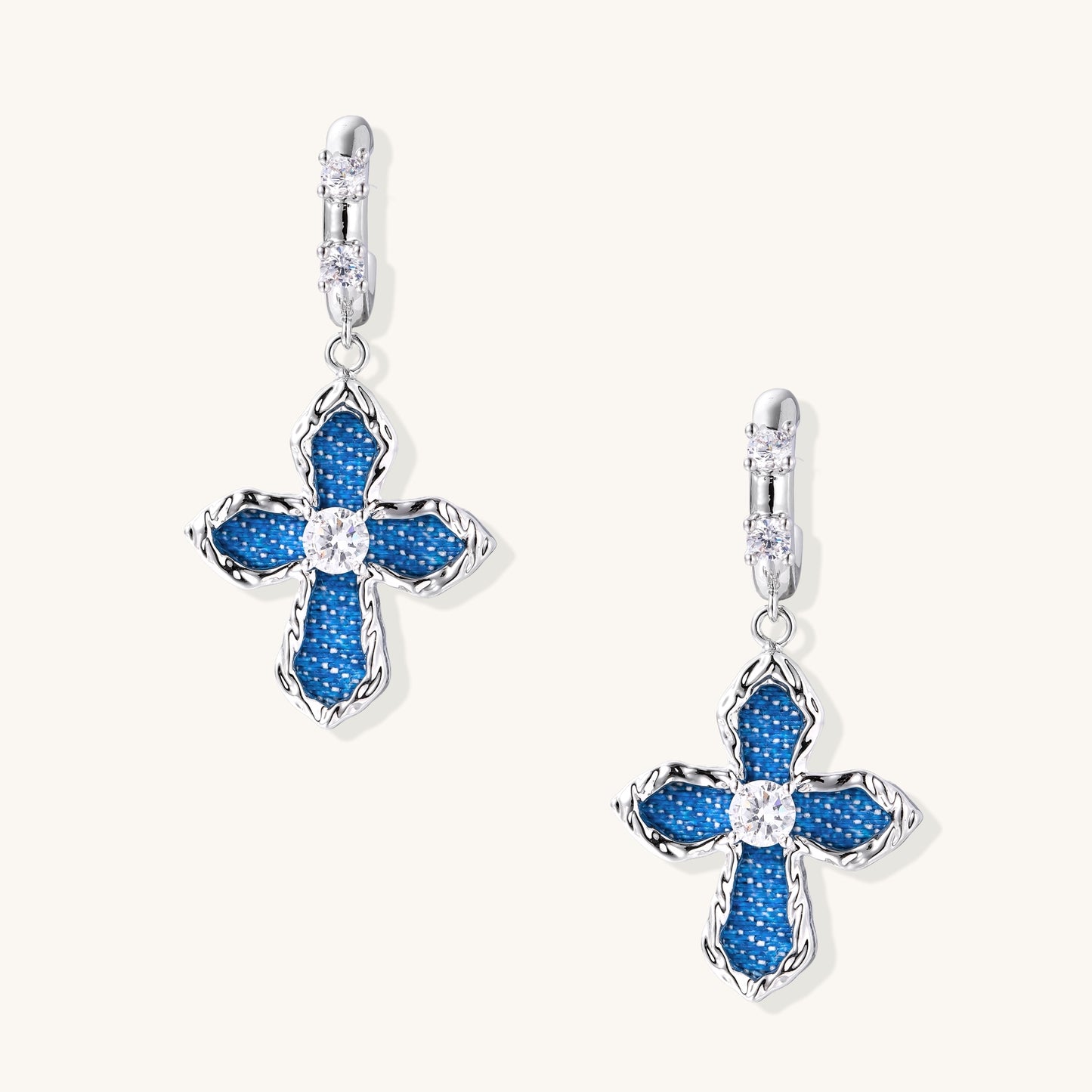 Cross Drop Earrings with Blue Enamel & Crystal Center