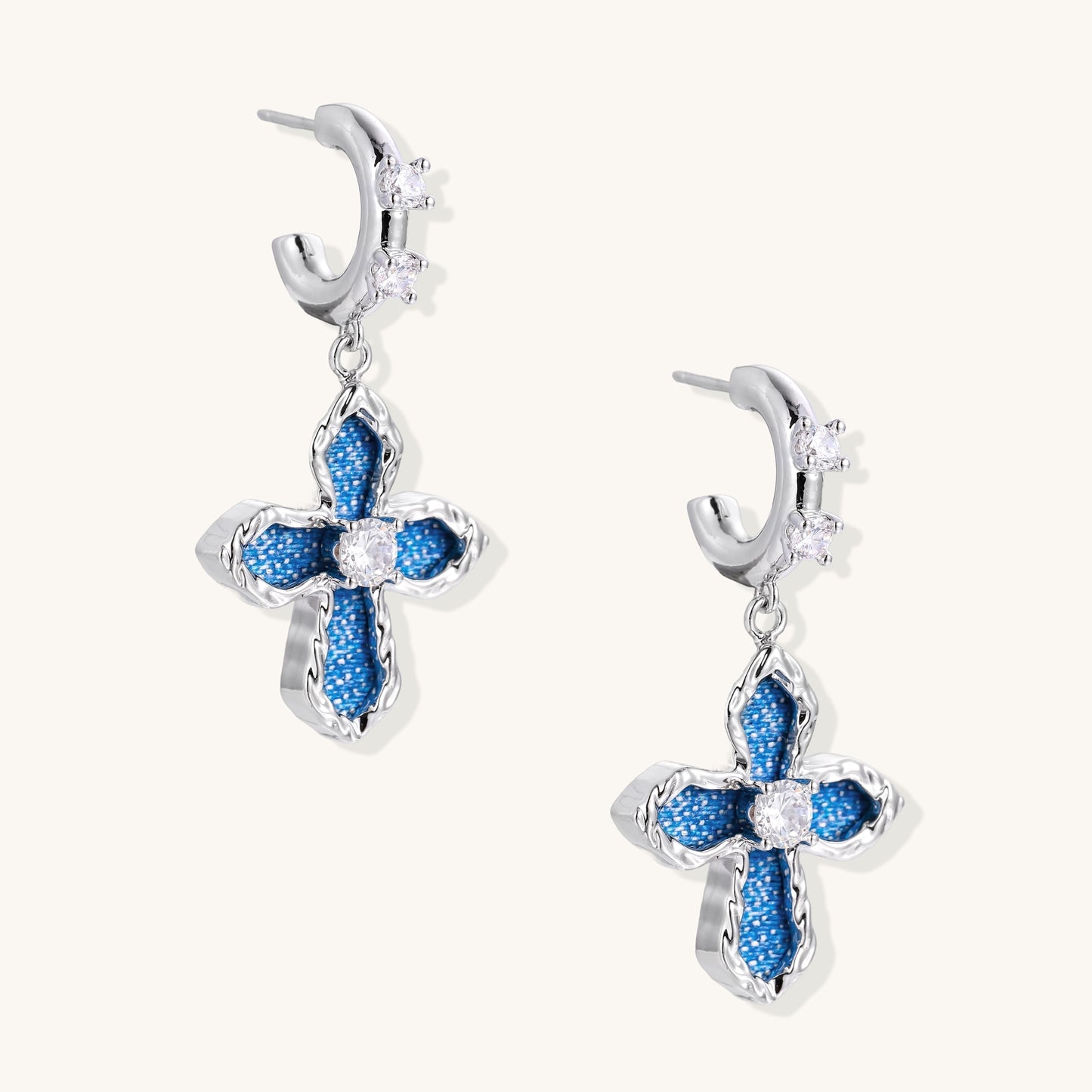 Cross Drop Earrings with Blue Enamel & Crystal Center