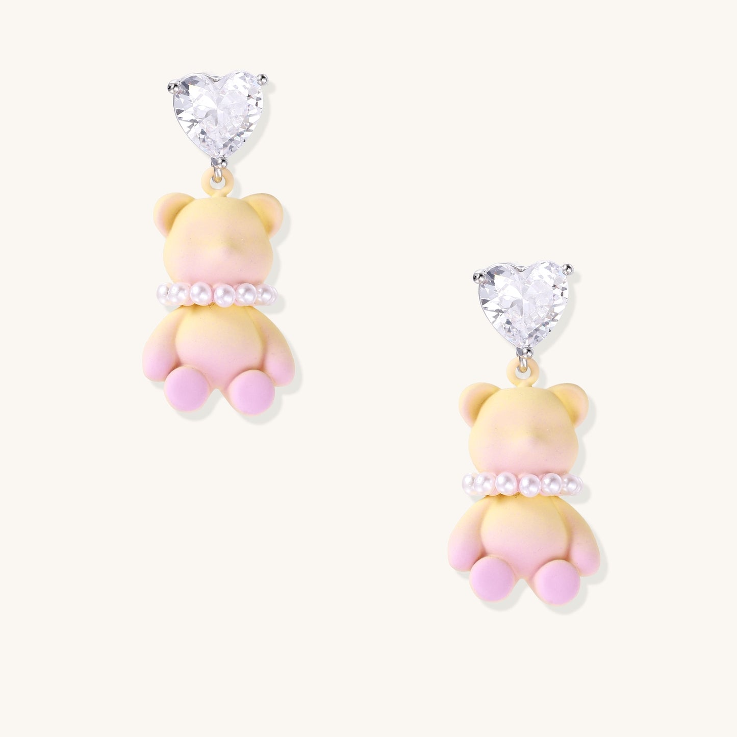 Crystal Heart Drop Earrings with Kawaii Bear Charms