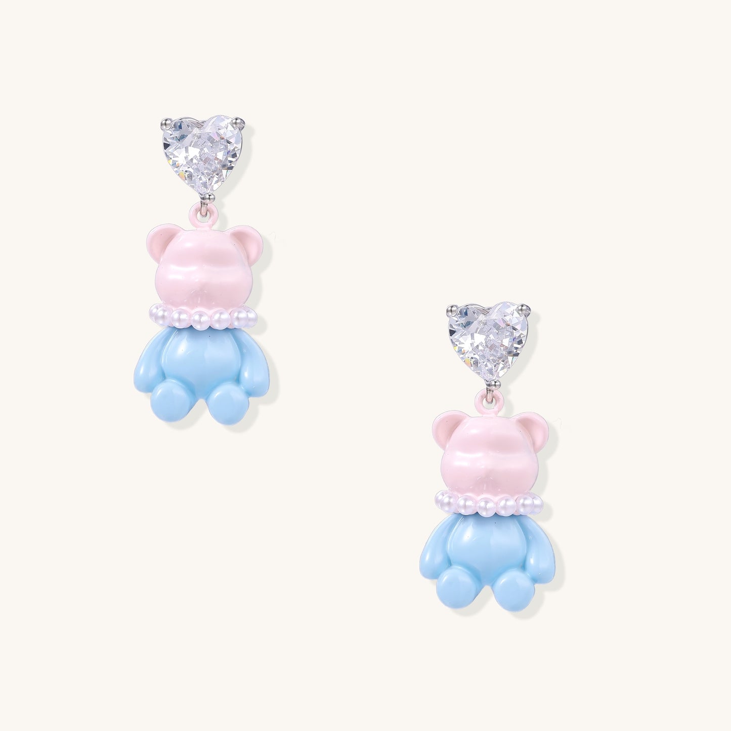 Crystal Heart Drop Earrings with Kawaii Bear Charms