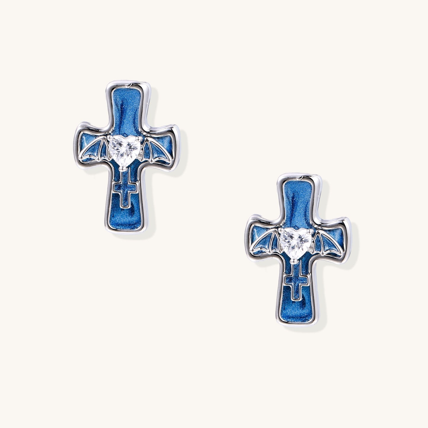 Blue Cross Stud Earrings with Crystal Hearts