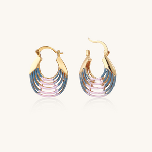 Gold-tone hoop earrings with open lattice design and blue-pink enamel accents—colorful private-label fashion jewelry