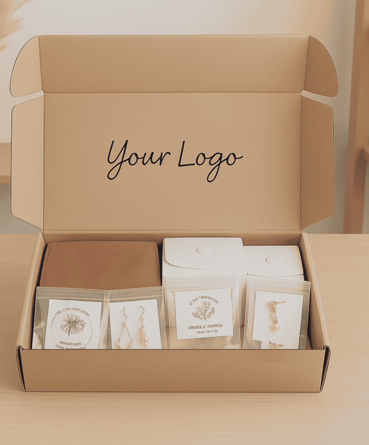Open cardboard box with jewelry packaging and 'Your Logo' text on a neutral background