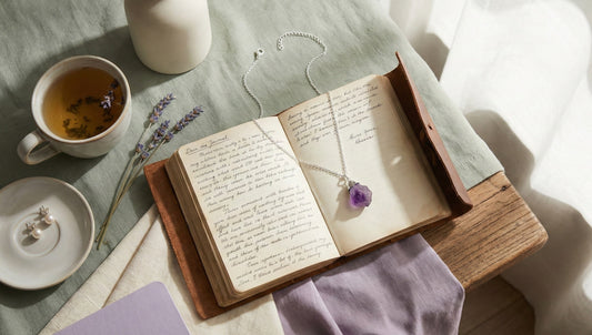 An INFJ-styled flat lay photograph featuring a raw amethyst necklace resting on an open vintage journal. Surrounding items include herbal tea, lavender sprigs, and pearl earrings set against sage green and violet fabrics in soft natural light.