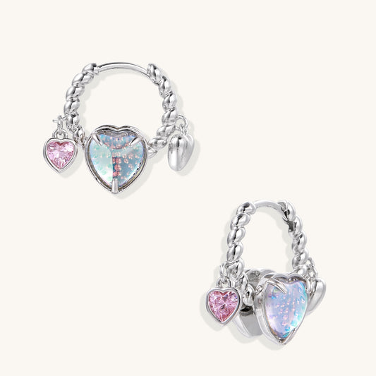 Opal Heart Charm Chain Hoops