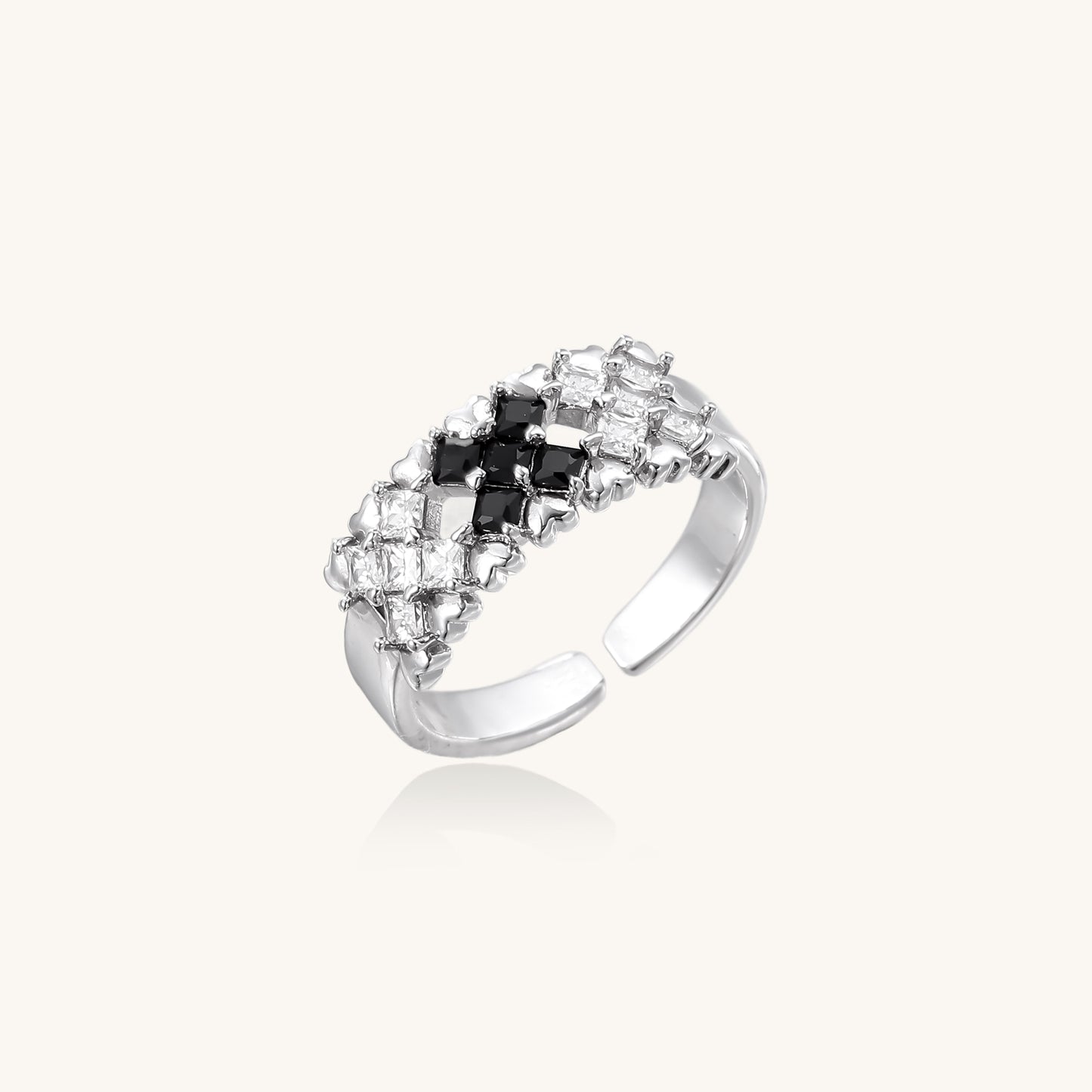 18K gold plated brass adjustable ring featuring geometric square-cut zirconia stones in clear and accent colors