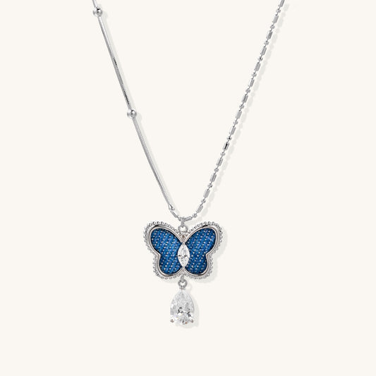 Blue Butterfly Pendant Necklace with Crystal Drop