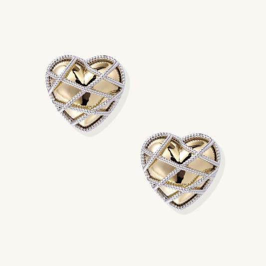 Heart Cage Statement Earrings Gold Lattice Design
