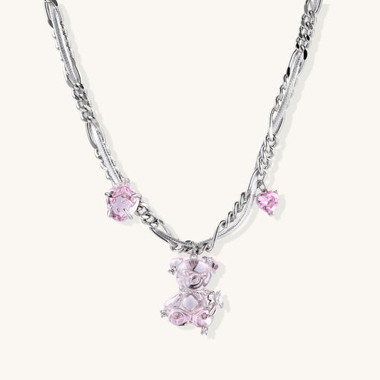Chain Figaro Pendant Necklace with Pink Stone Charms