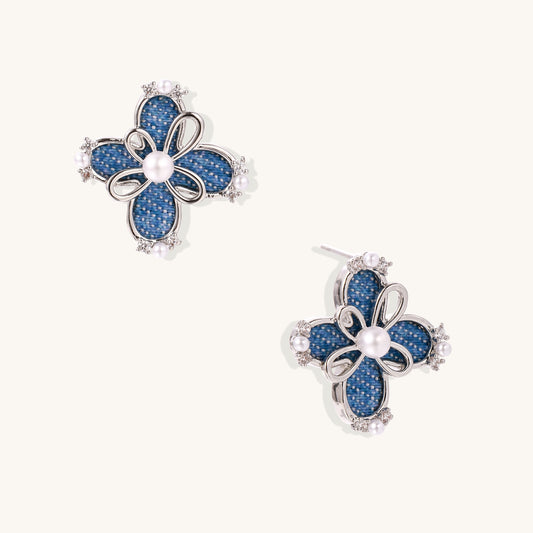 Denim Daisy Statement Earrings with Crystal Pearls