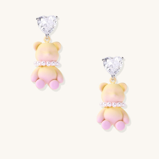 Crystal Heart Drop Earrings with Kawaii Bear Charms