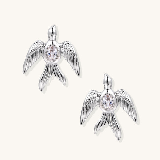 Winged Heart Stud Earrings with Zirconia