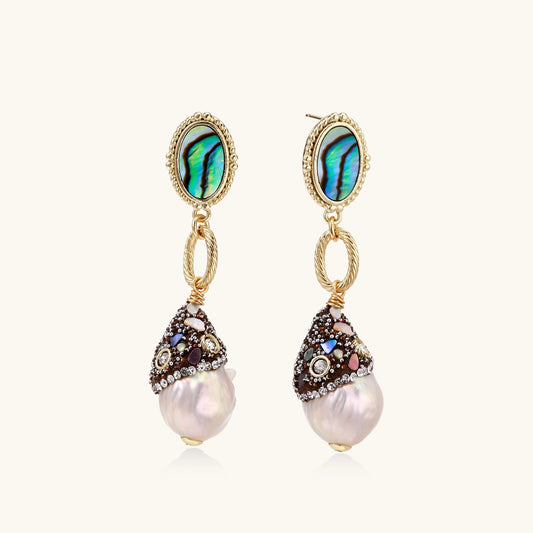 Gold-plated statement earrings with iridescent abalone shells, rope chain links, and crystal-capped baroque pearls
