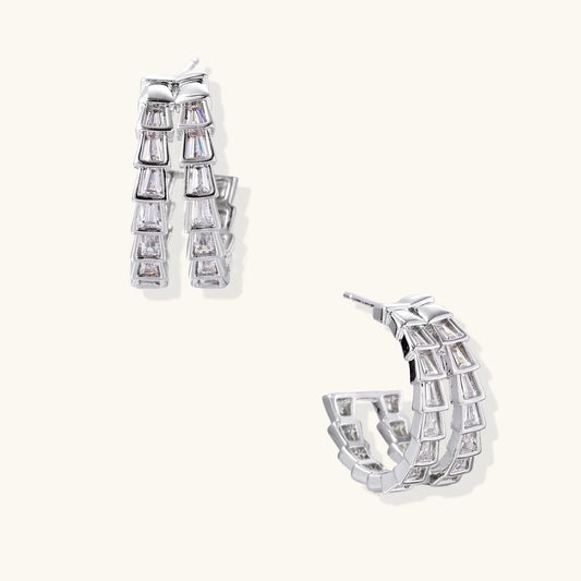 White gold-plated hoop earrings with double row of baguette-cut zirconia stones in geometric ladder design