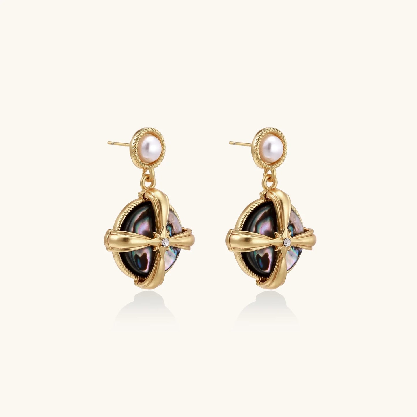 Gold-plated drop earrings with iridescent abalone shell and pearl studs in geometric cross design