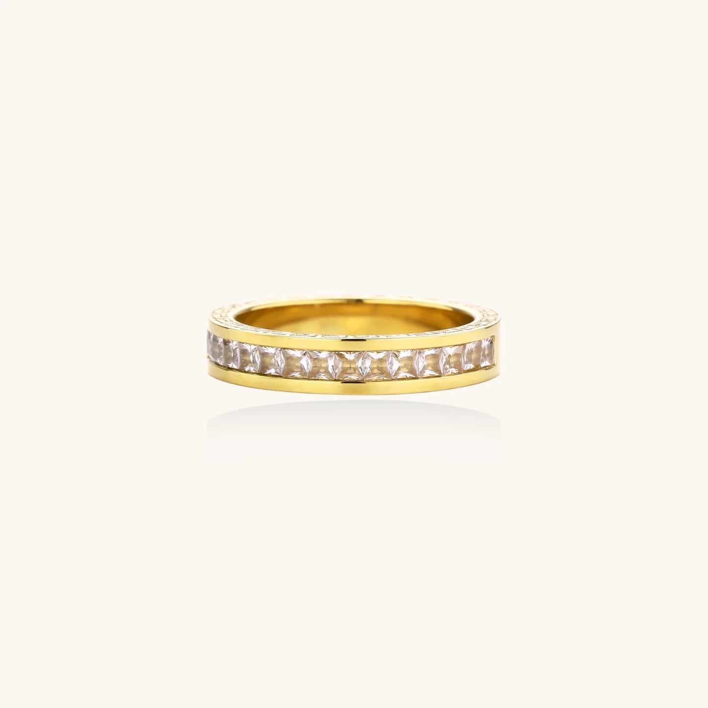 14K gold-plated band with channel-set zirconia and Greek key pattern engraving on polished finish