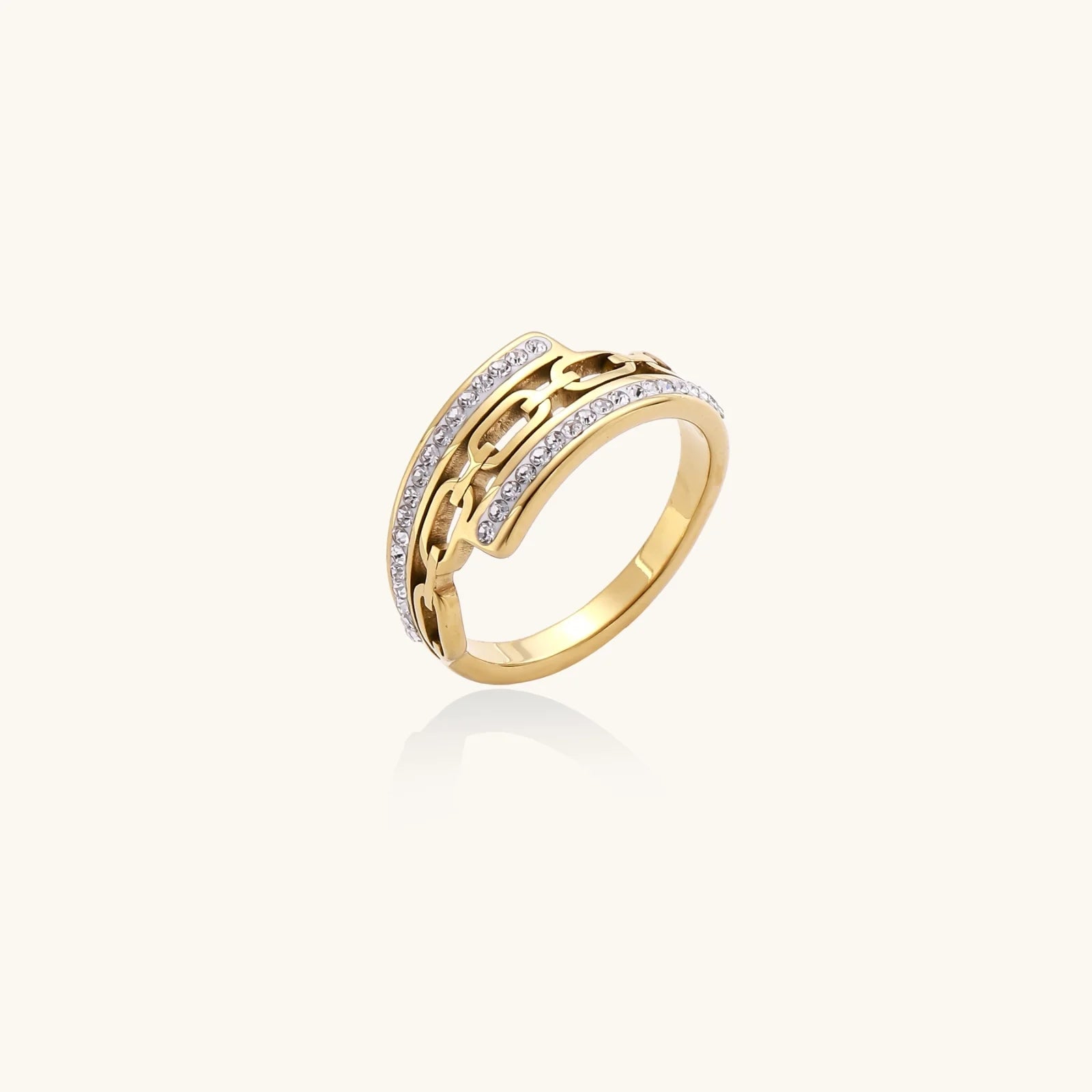 Gold-plated stainless steel ring with geometric chain link design flanked by two rows of clear rhinestones