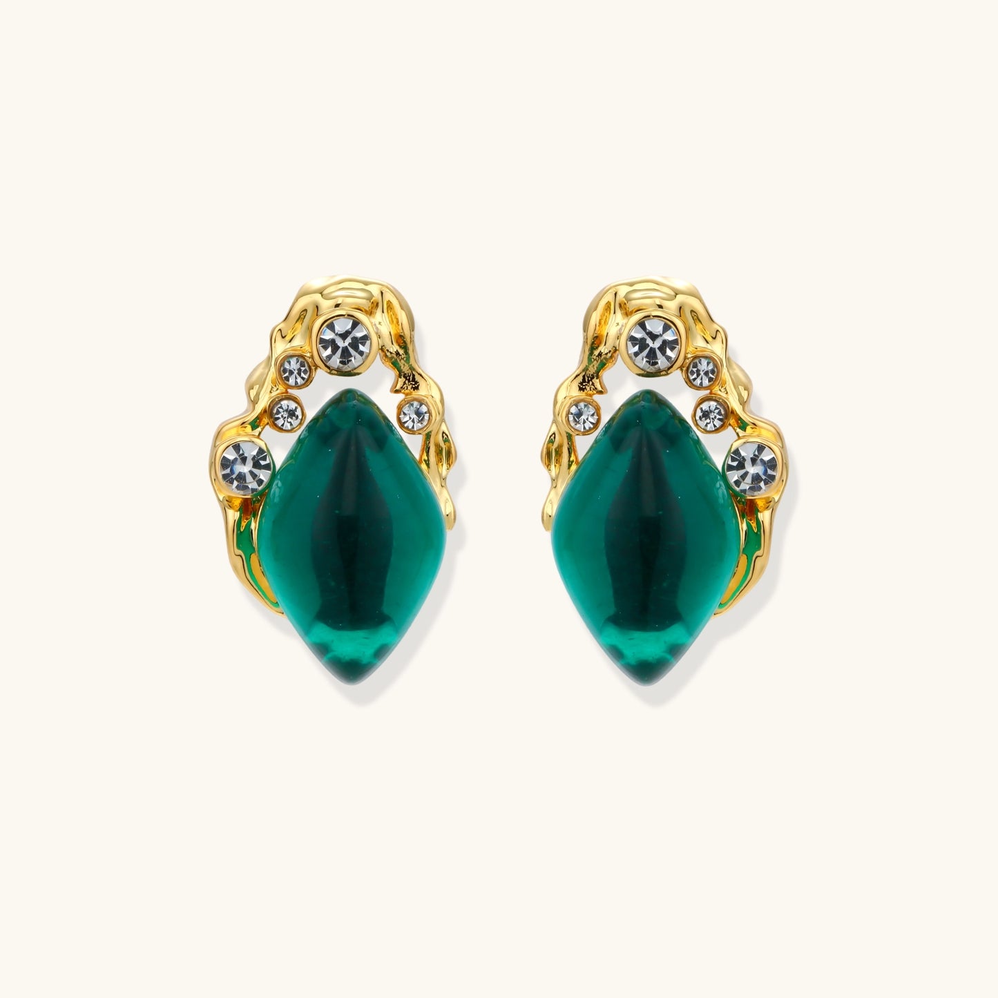Gold-plated stud earrings featuring teardrop emerald green liuli stones with cubic zirconia crystal accents on white background.